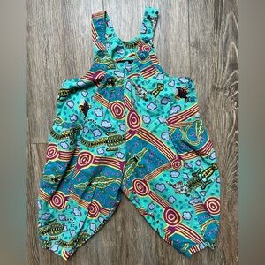 Patagonia toddler baggy overalls, size 2T, turquoise color with a wild pattern